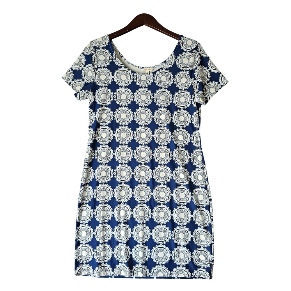 All For Color Paisley Floral Dress Short Sleeve Round Neck Blue Size L